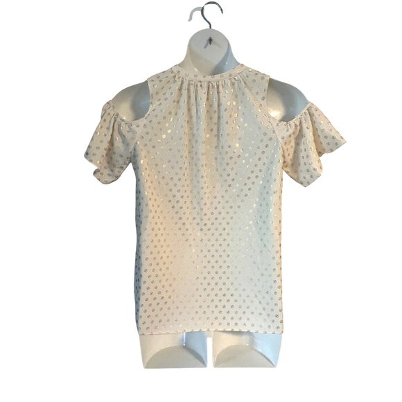 Michael Kors Cold Shoulder Blouse Shirt Top Gold Logo Polka Dot Print Size Small - Picture 4 of 6